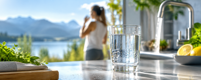 Glas mit frischem Trinkwasser in einer modernen Küche – Symbol für sauberes Wasser, Wasseraufbereitung und Gesundheit.